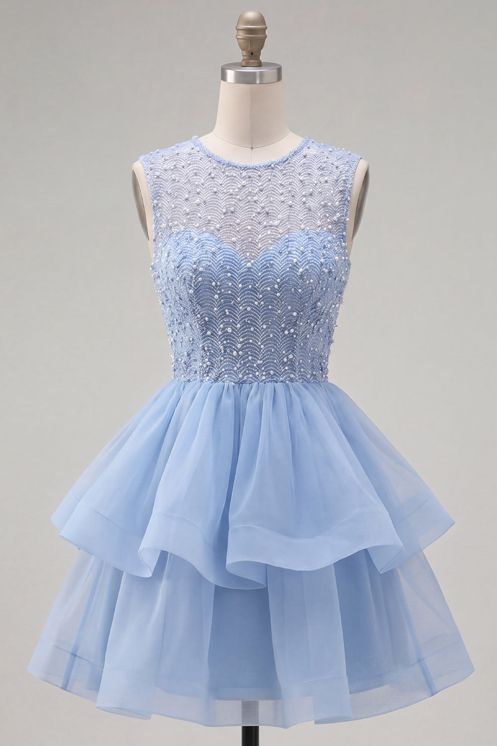 Yellow A-Line Round Neck Tiered Short Homecoming Dress with Pearls