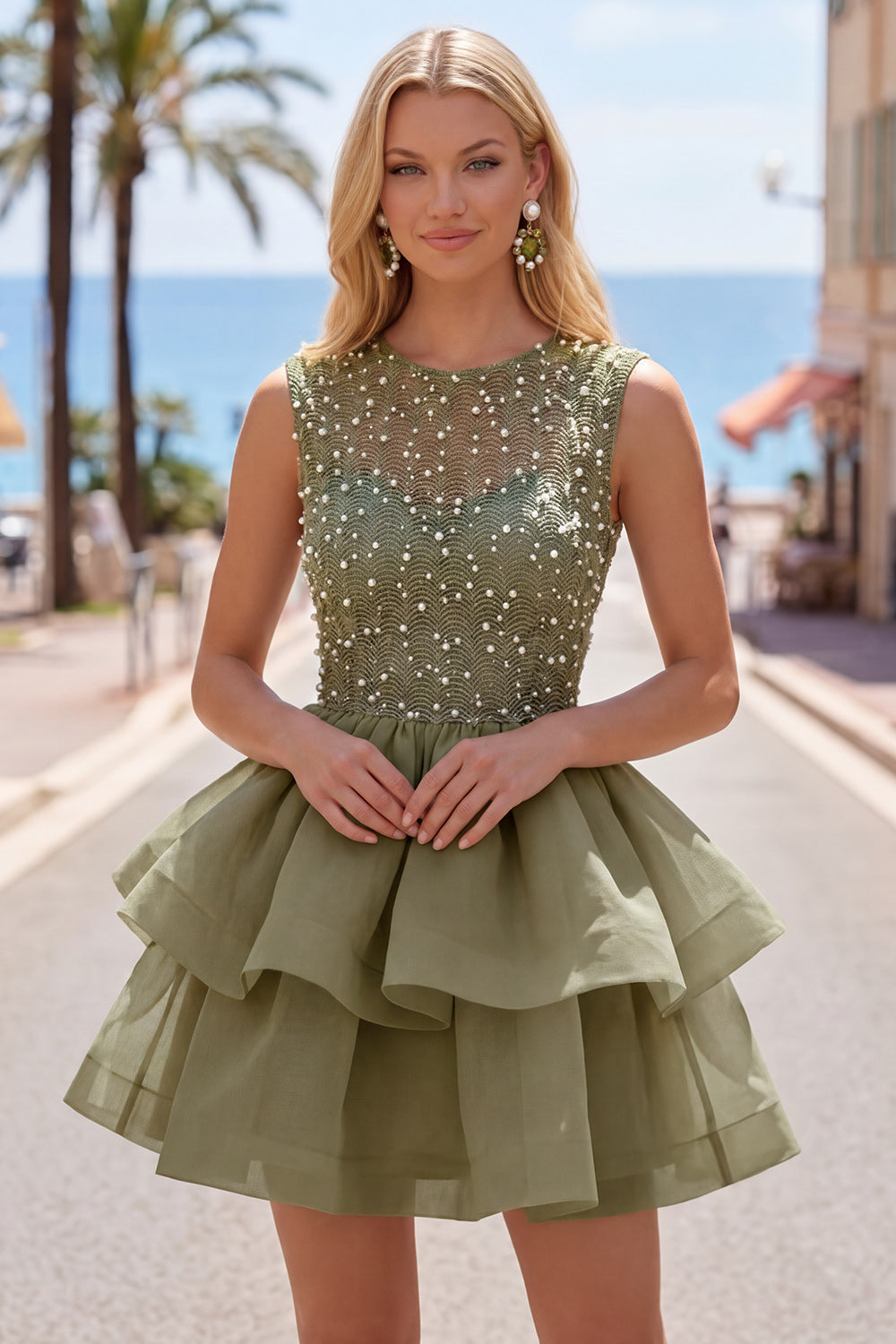 Yellow A-Line Round Neck Tiered Short Homecoming Dress with Pearls