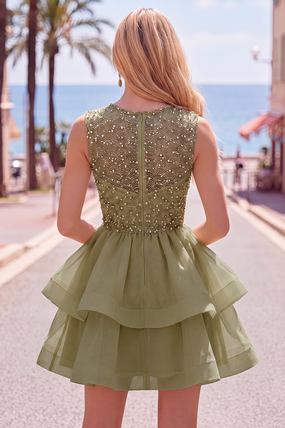 Yellow A-Line Round Neck Tiered Short Homecoming Dress with Pearls