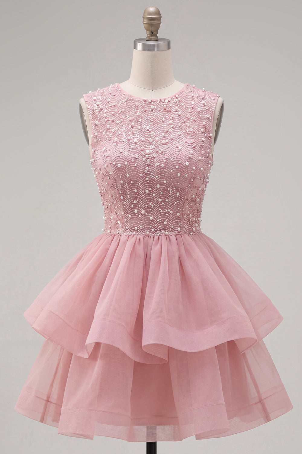 Yellow A-Line Round Neck Tiered Short Homecoming Dress with Pearls