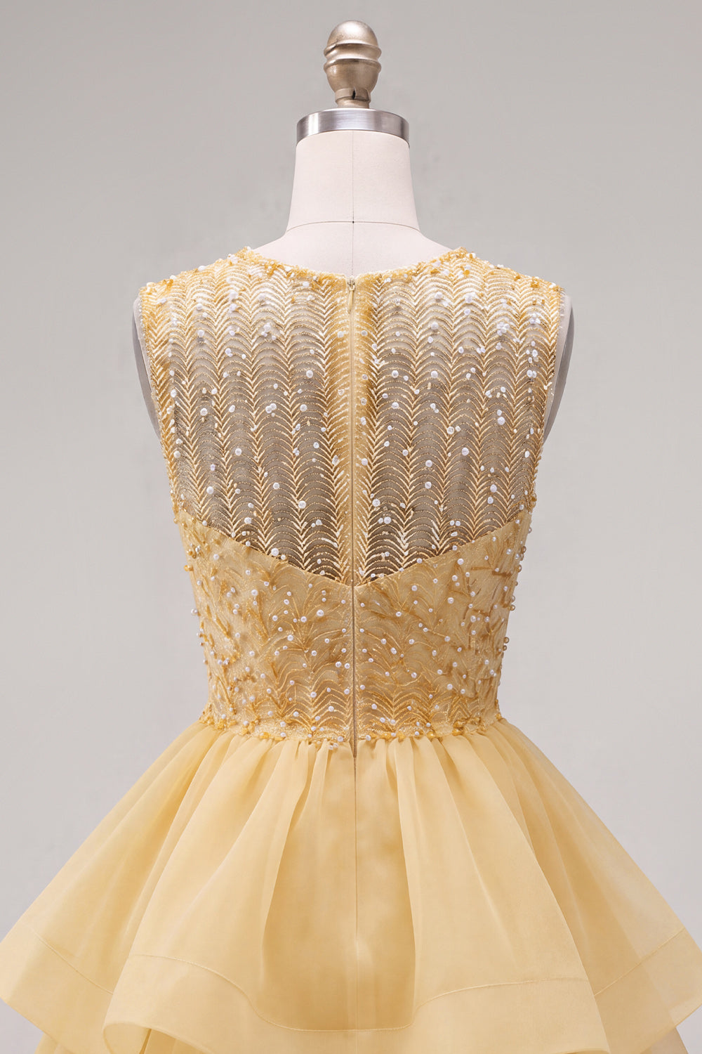 Yellow A-Line Round Neck Tiered Short Homecoming Dress with Pearls