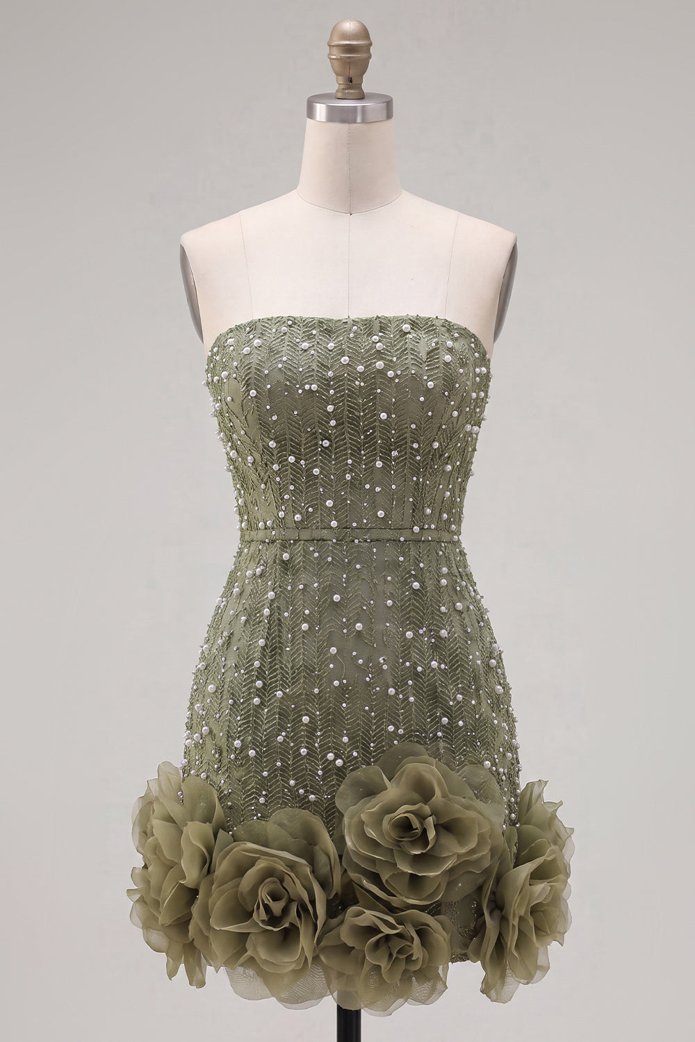 Vestido de fiesta azul sin tirantes entallado con perlas y flores 3D