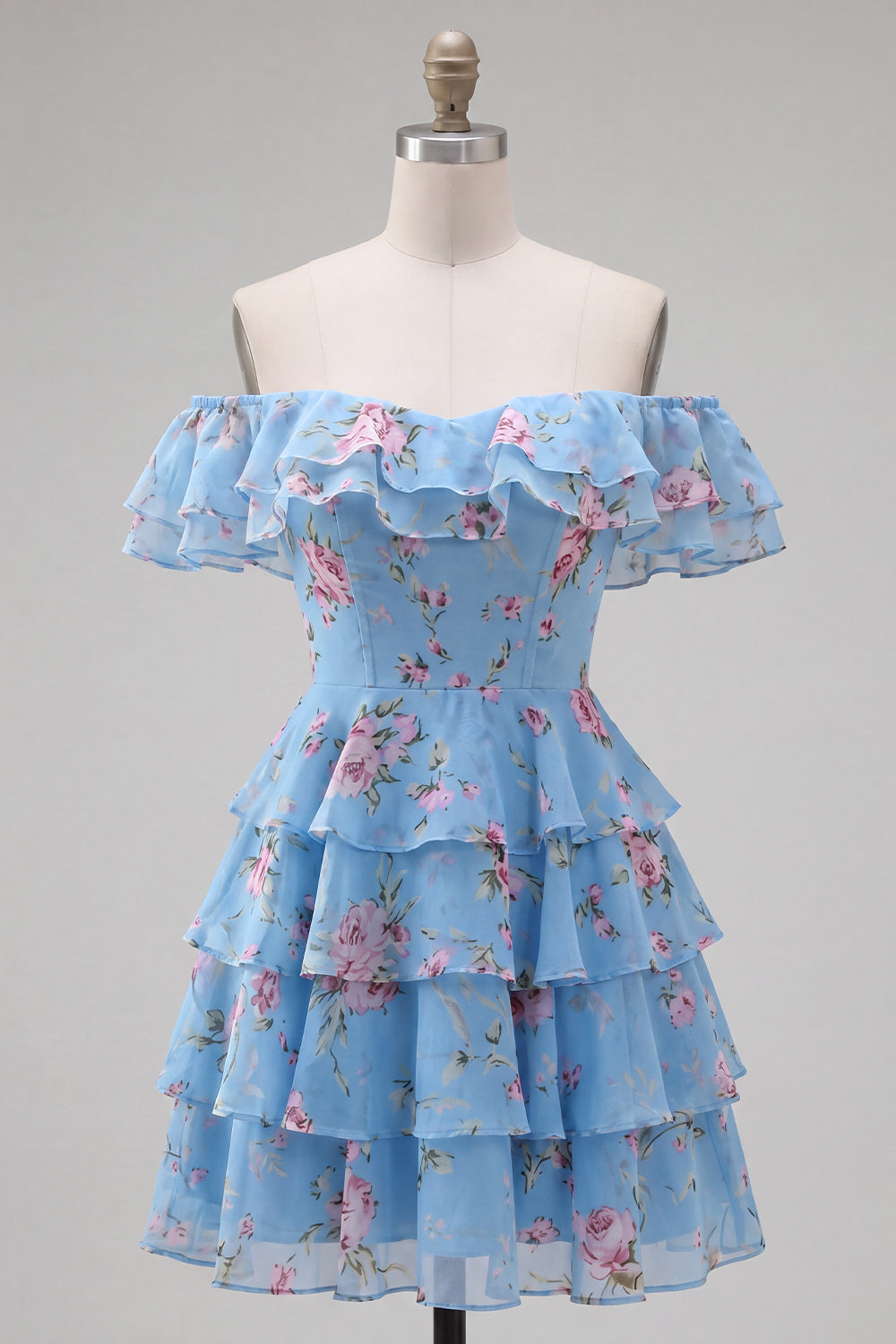 Off the Shoulder Blue A-Line Tiered Floral Homecoming Dress with Lace Up Back