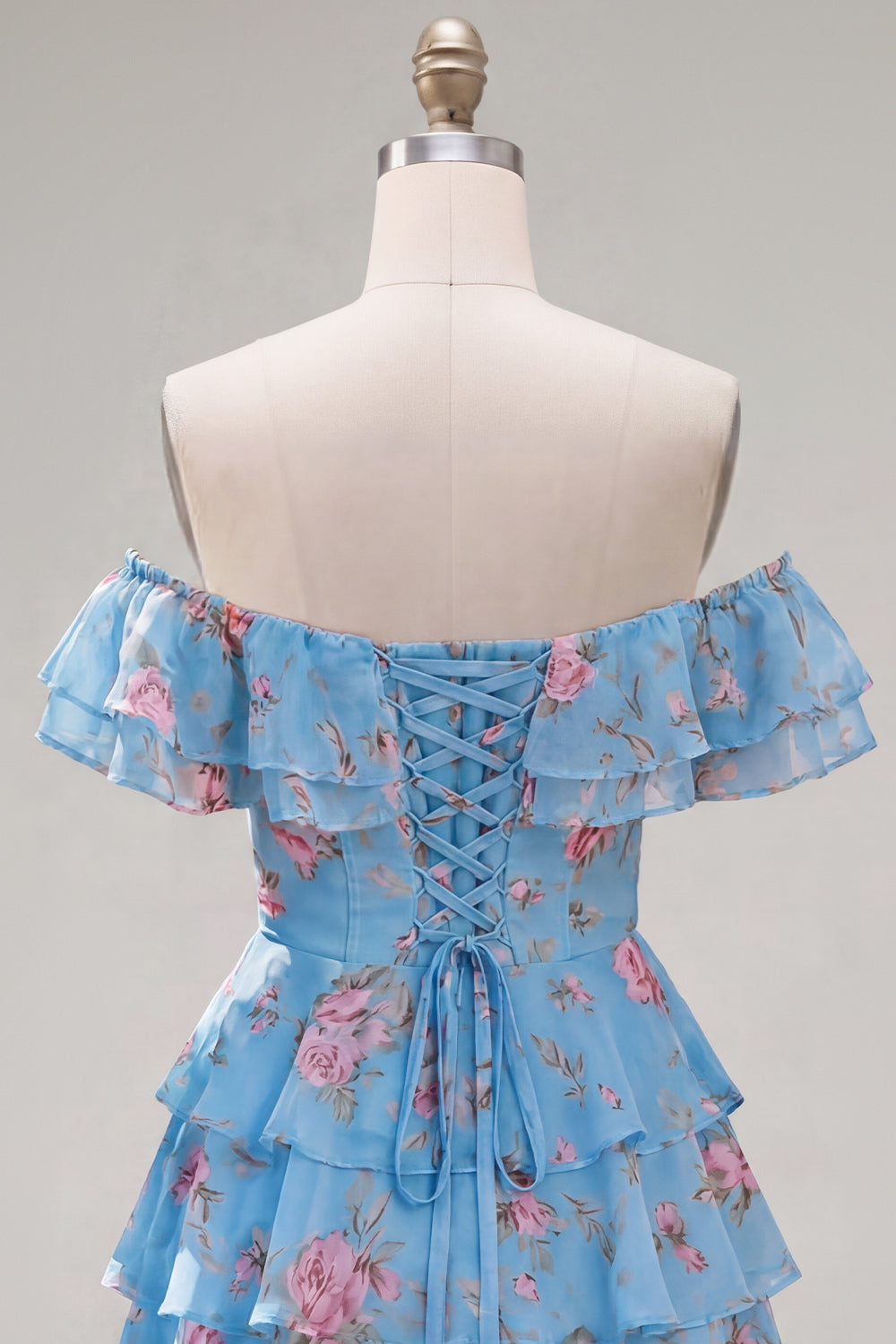 Off the Shoulder Blue A-Line Tiered Floral Homecoming Dress with Lace Up Back