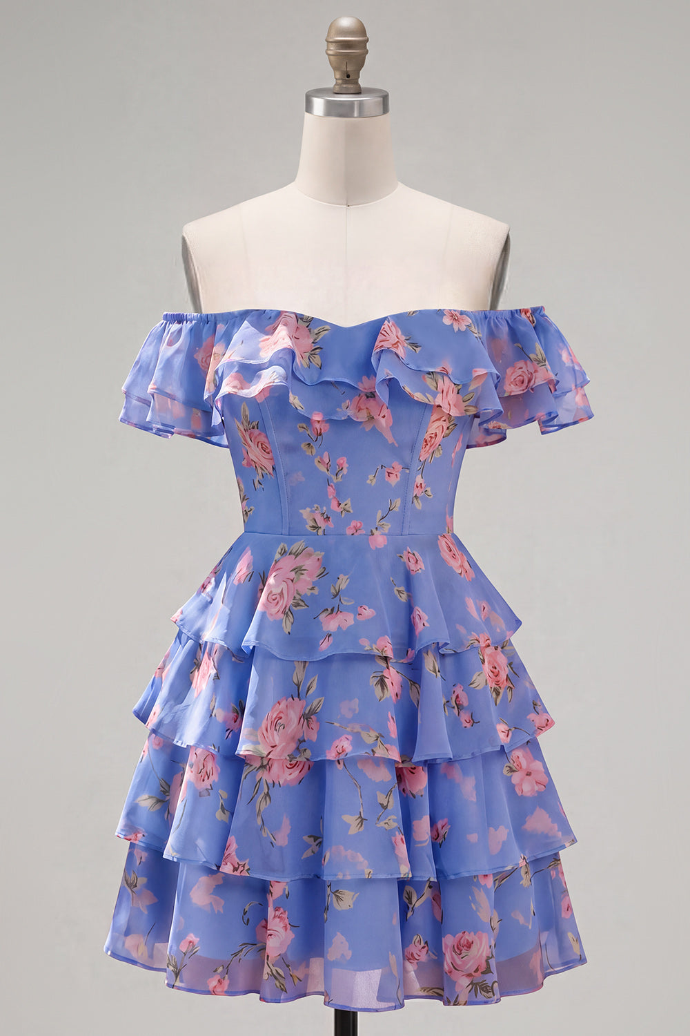 Off the Shoulder Blue A-Line Tiered Floral Homecoming Dress with Lace Up Back