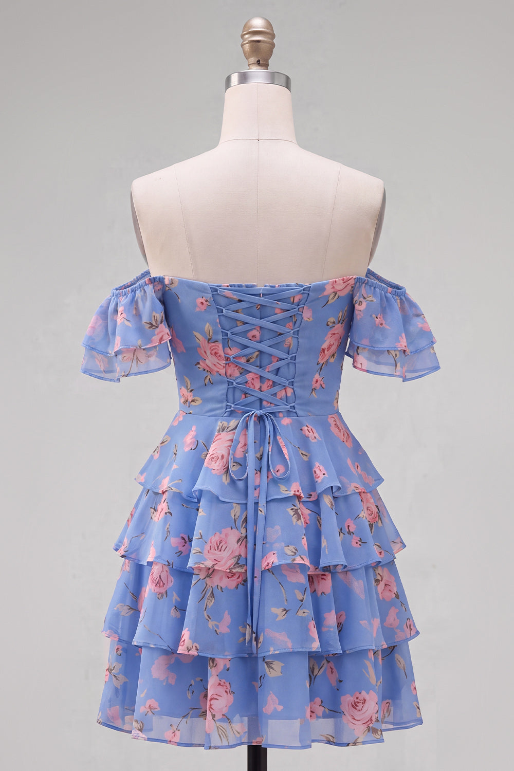 Off the Shoulder Blue A-Line Tiered Floral Homecoming Dress with Lace Up Back