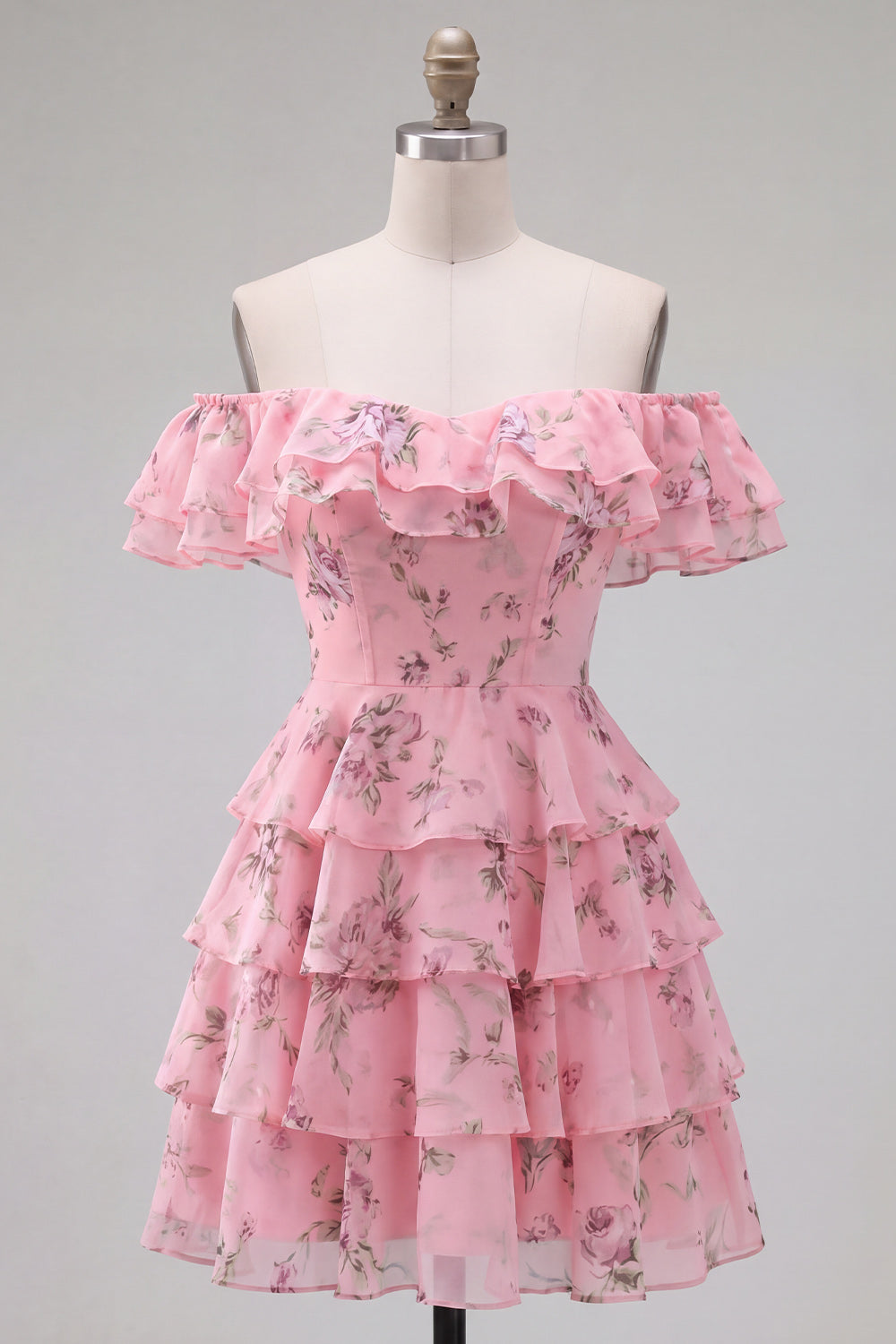 Off the Shoulder Blue A-Line Tiered Floral Homecoming Dress with Lace Up Back