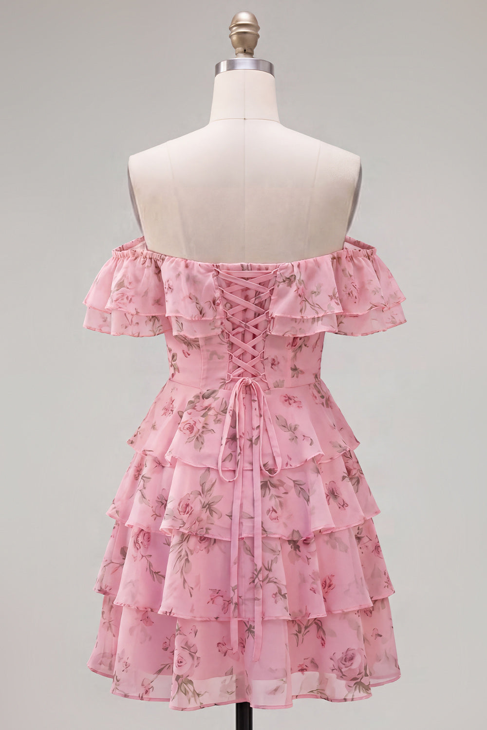 Off the Shoulder Blue A-Line Tiered Floral Homecoming Dress with Lace Up Back