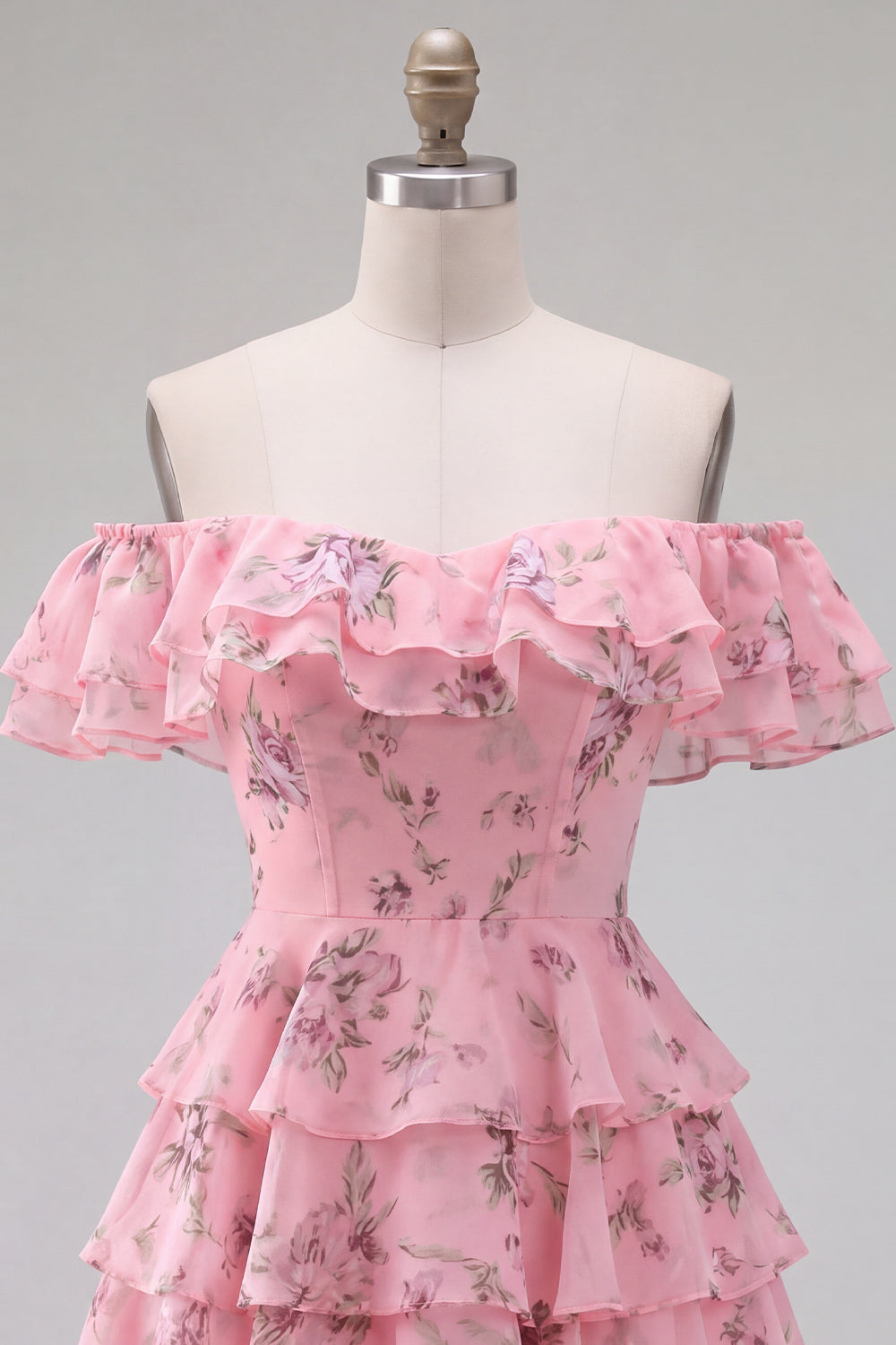 Off the Shoulder Blue A-Line Tiered Floral Homecoming Dress with Lace Up Back