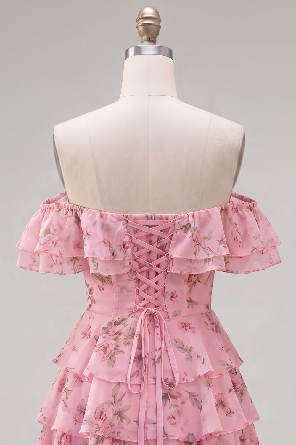 Off the Shoulder Blue A-Line Tiered Floral Homecoming Dress with Lace Up Back