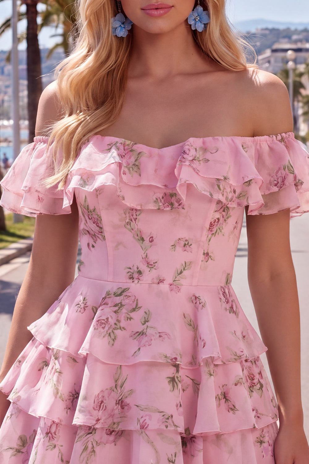 Off the Shoulder Blue A-Line Tiered Floral Homecoming Dress with Lace Up Back