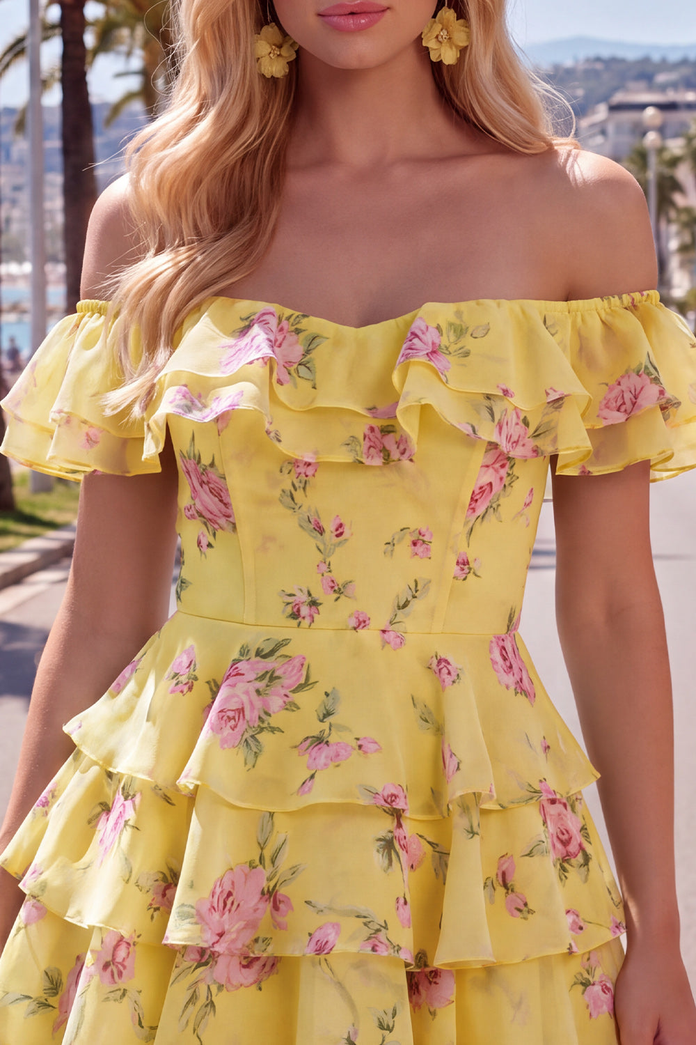 Off the Shoulder Blue A-Line Tiered Floral Homecoming Dress with Lace Up Back