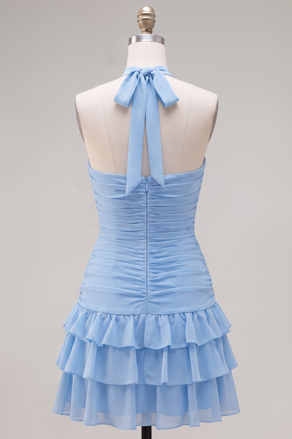 Blue Halter Bodycon Tiered Ruched Homecoming Dress with 3D Flower
