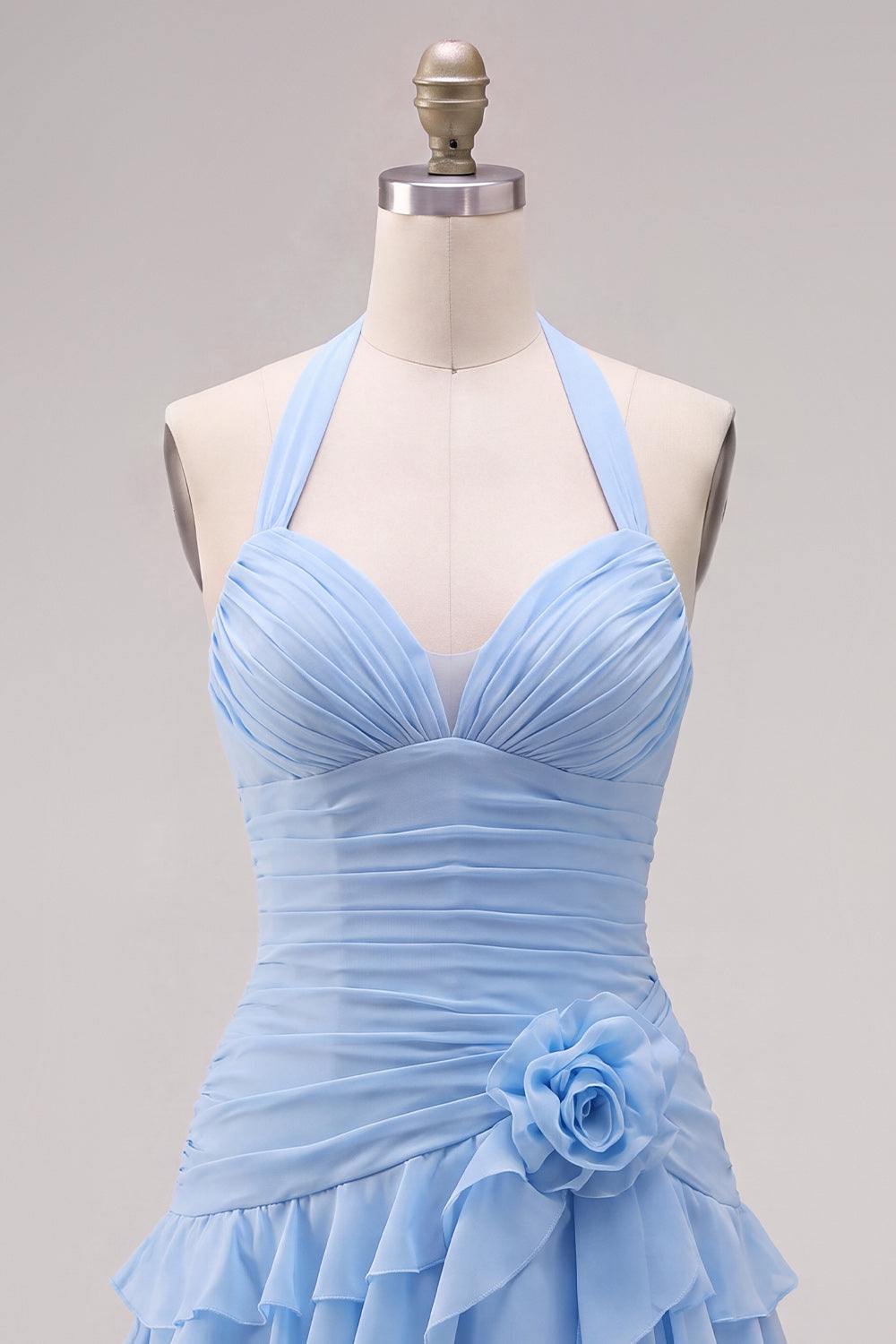 Blue Halter Bodycon Tiered Ruched Homecoming Dress with 3D Flower