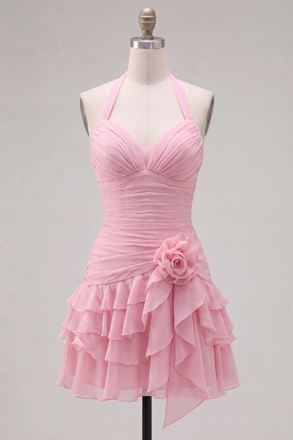 Blue Halter Bodycon Tiered Ruched Homecoming Dress with 3D Flower