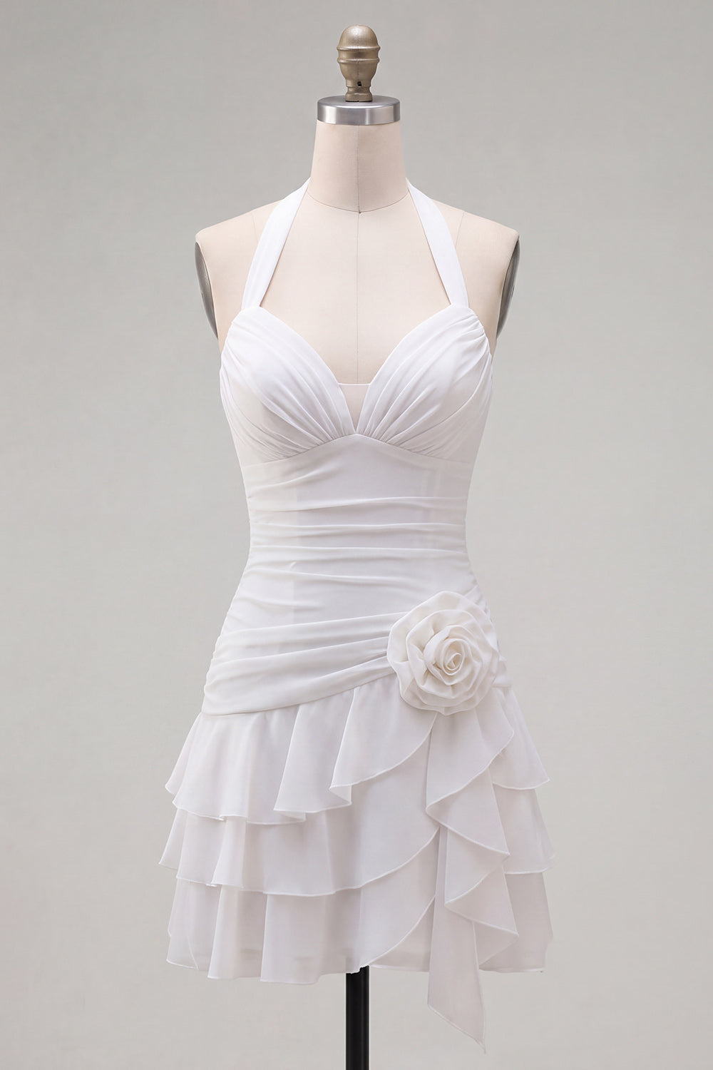 Blue Halter Bodycon Tiered Ruched Homecoming Dress with 3D Flower
