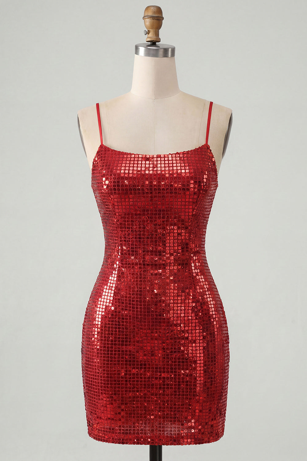 Sparkly Red Spaghetti Straps Bodycon Sequins Short Homecoming Dress with Lace Up Back