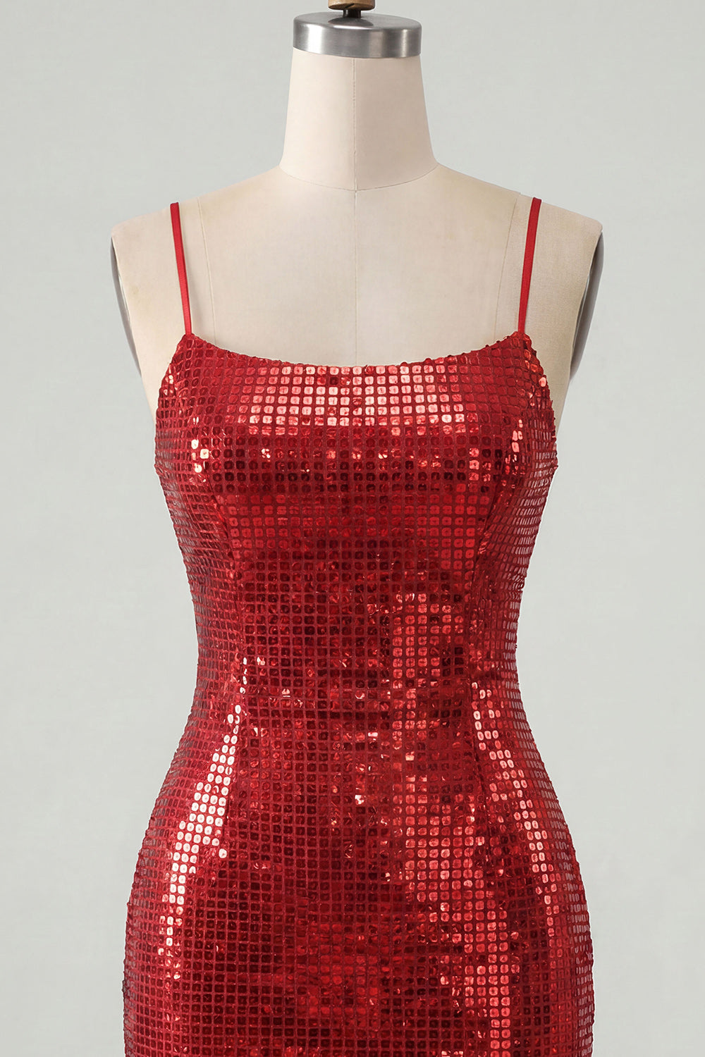 Sparkly Red Spaghetti Straps Bodycon Sequins Short Homecoming Dress with Lace Up Back