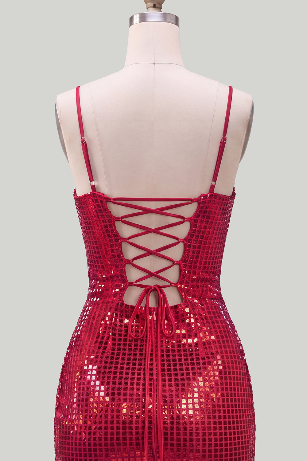Sparkly Red Spaghetti Straps Bodycon Sequins Short Homecoming Dress with Lace Up Back