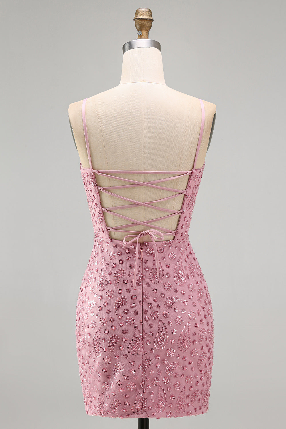 Robe de bal courte moulante Dusty Rose avec laçage au dos, bretelles spaghetti et perles