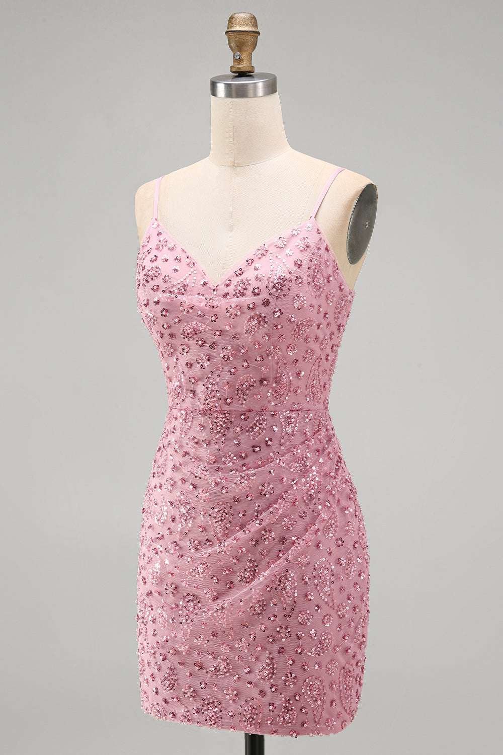 Robe de bal courte moulante Dusty Rose avec laçage au dos, bretelles spaghetti et perles