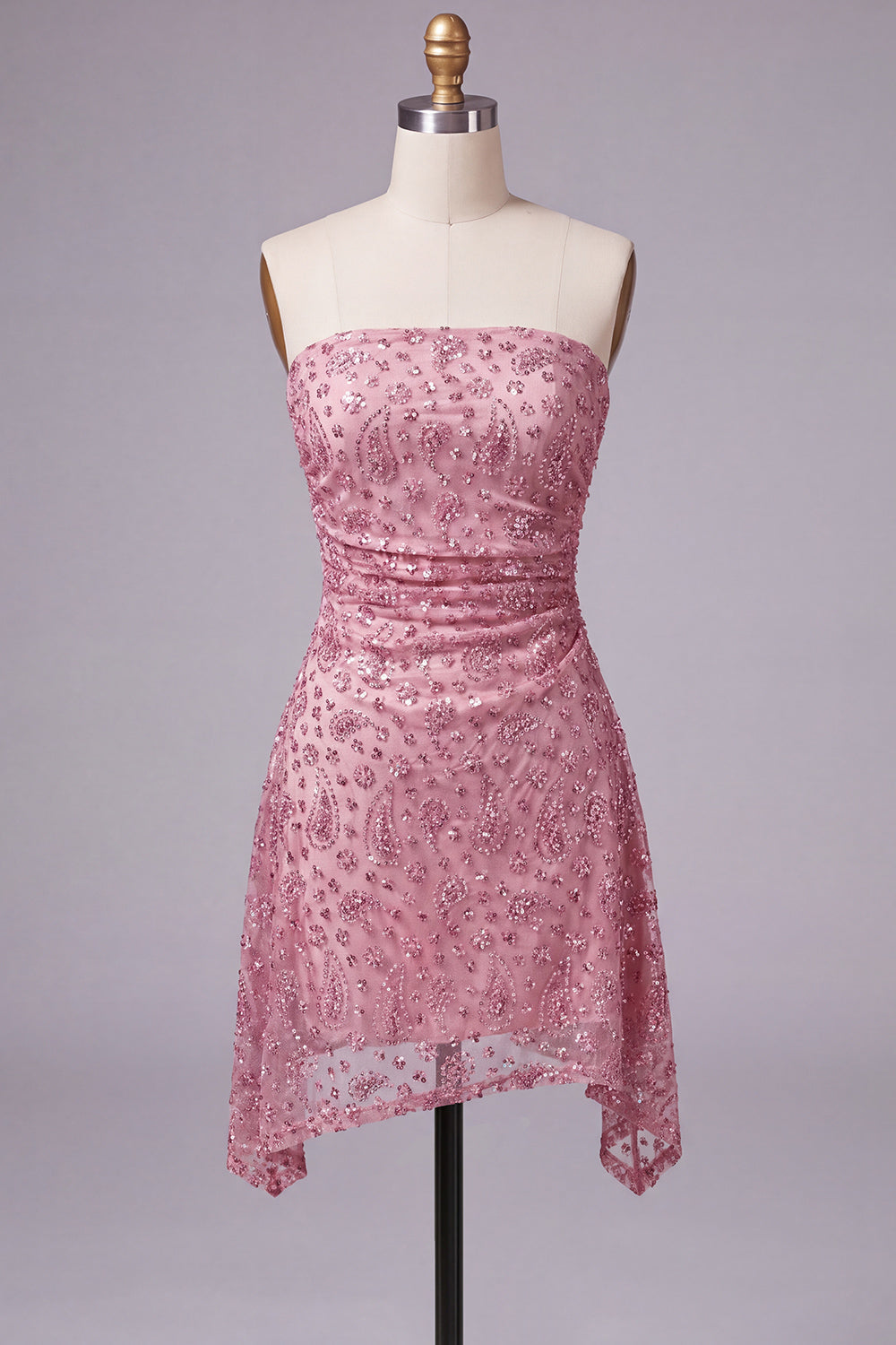 Strapless Dusty Rose Bodycon Ruched Short Homecoming Dress with Beading