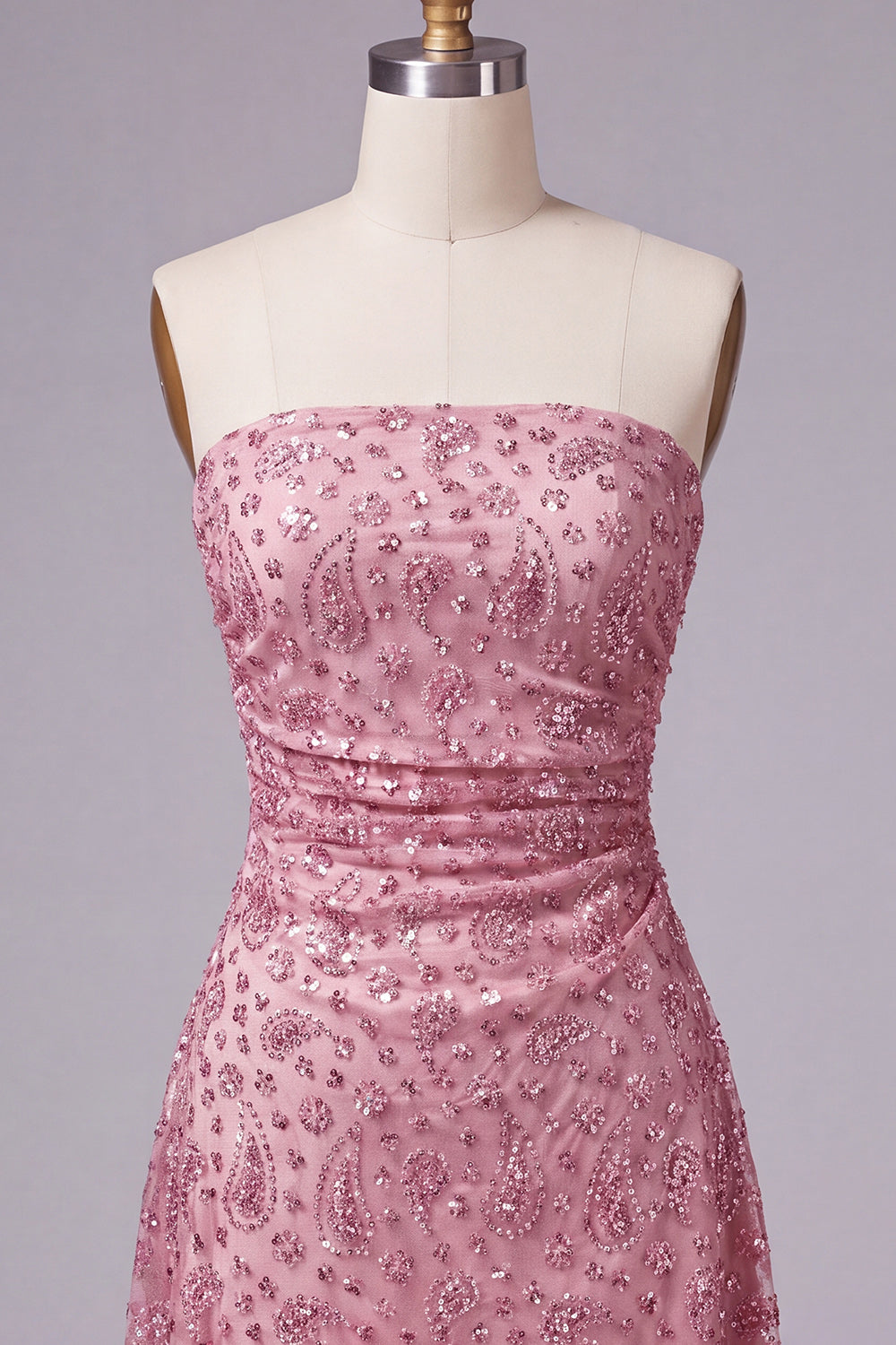 Strapless Dusty Rose Bodycon Ruched Short Homecoming Dress with Beading
