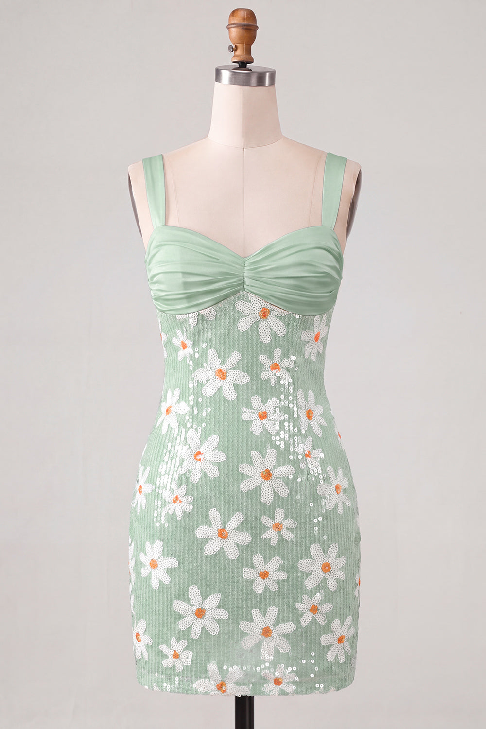 Green Floral Bodycon Sequins Thick Straps Short Homecoming Dress