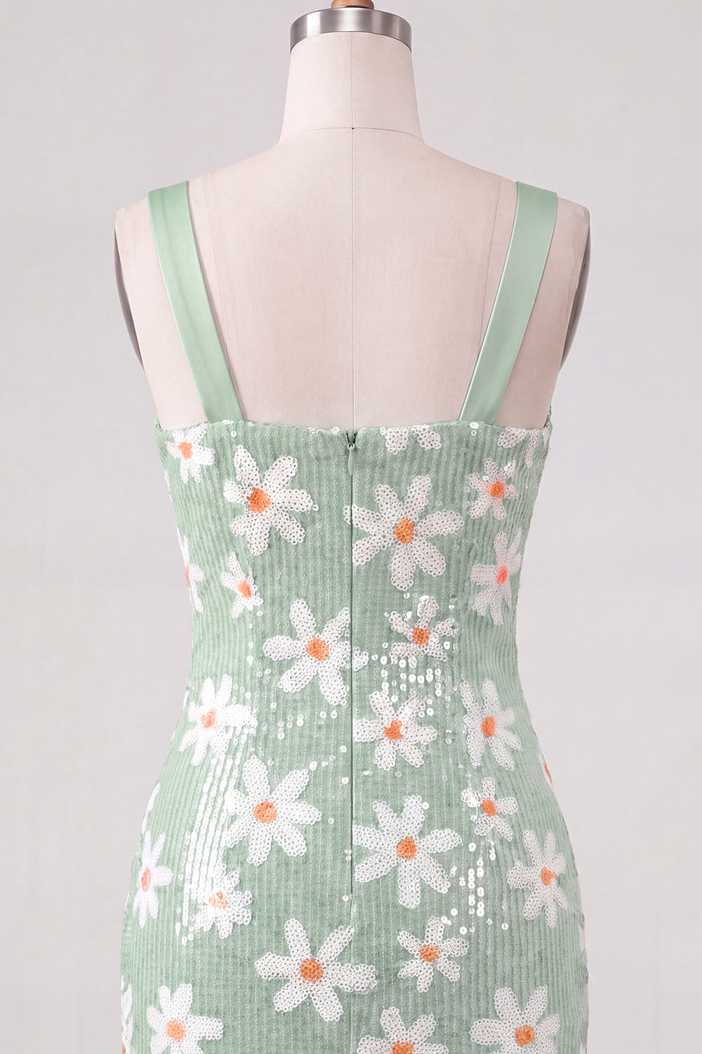 Green Floral Bodycon Sequins Thick Straps Short Homecoming Dress