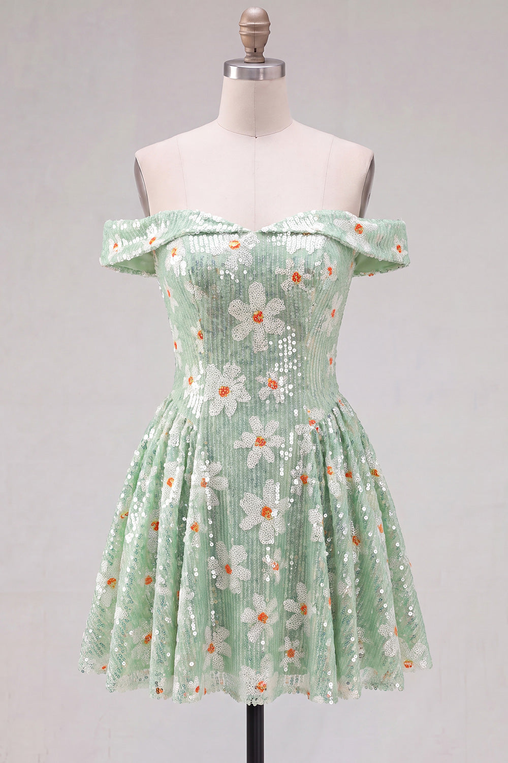 Off the Shoulder A-Line Green Floral Sequins Short Homecoming Dress with Lace Up Back