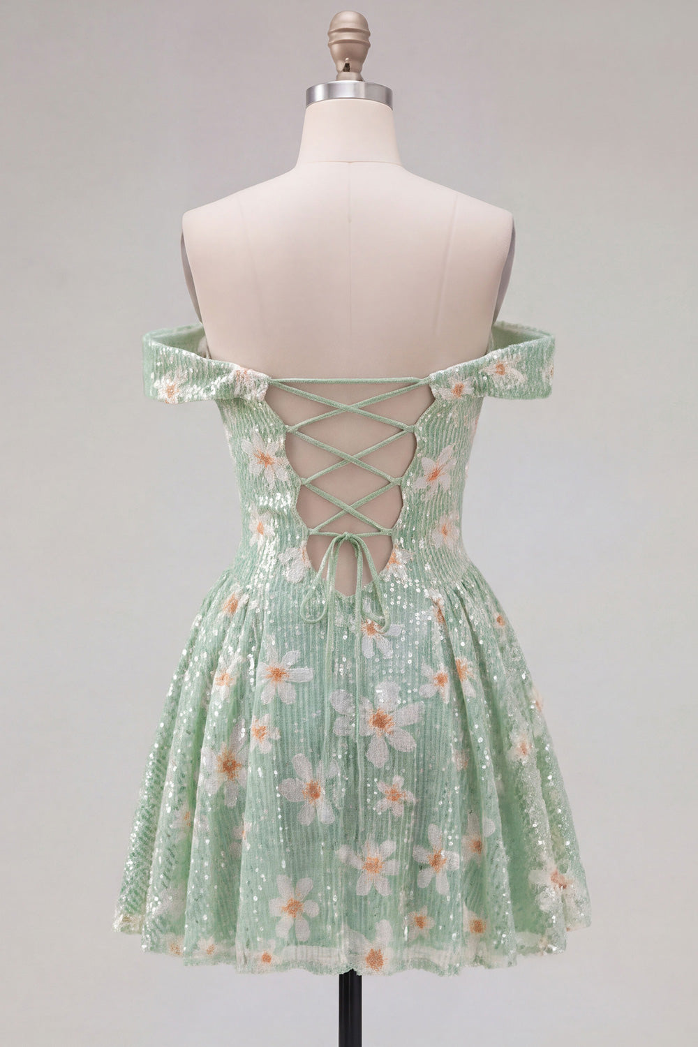 Off the Shoulder A-Line Green Floral Sequins Short Homecoming Dress with Lace Up Back
