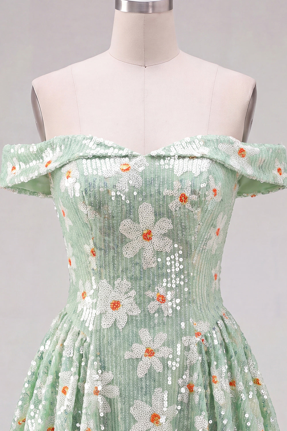 Off the Shoulder A-Line Green Floral Sequins Short Homecoming Dress with Lace Up Back