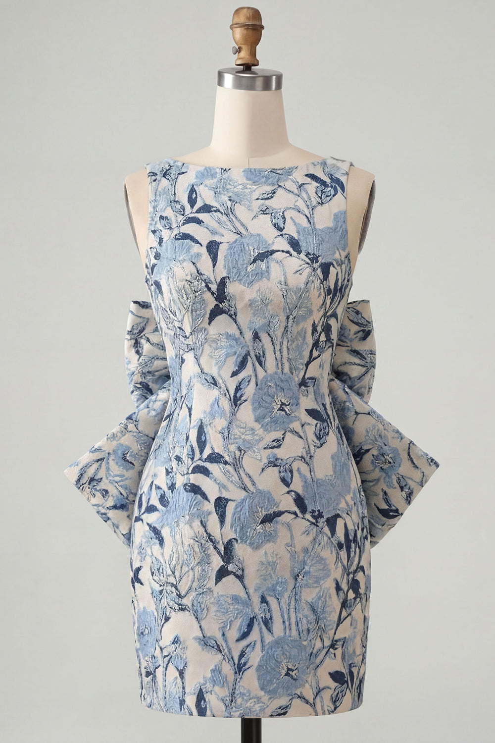 Pink Green Jacquard Bodycon Bateau Neck Floral Homecoming Dress with Large Bow