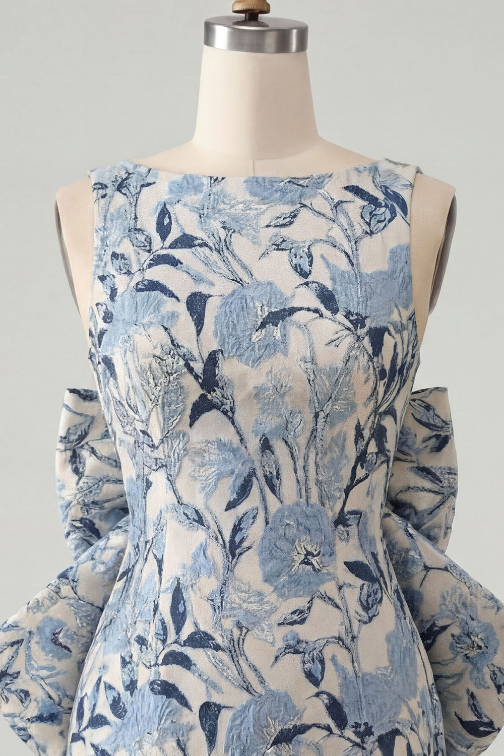 Pink Green Jacquard Bodycon Bateau Neck Floral Homecoming Dress with Large Bow