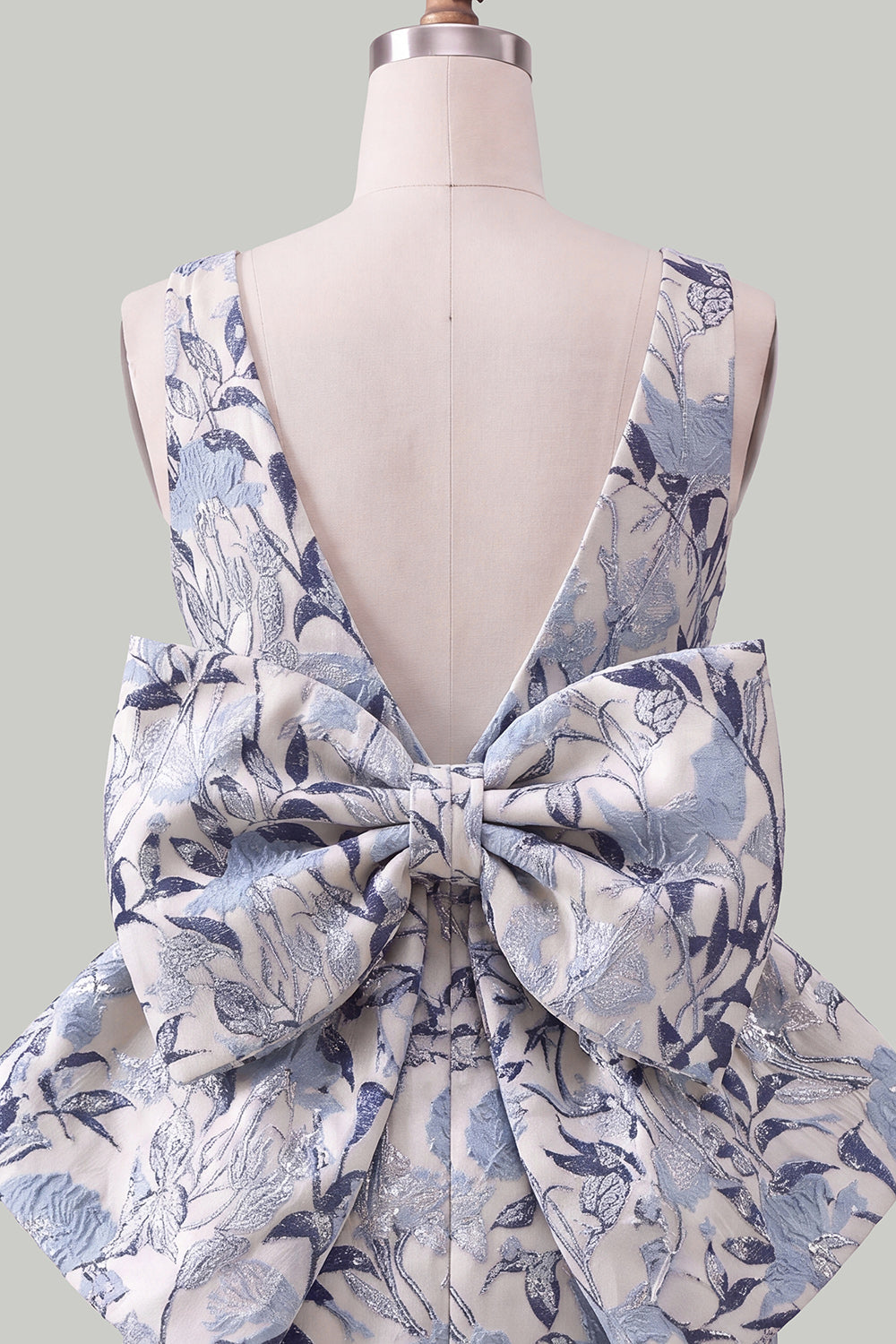 Pink Green Jacquard Bodycon Bateau Neck Floral Homecoming Dress with Large Bow