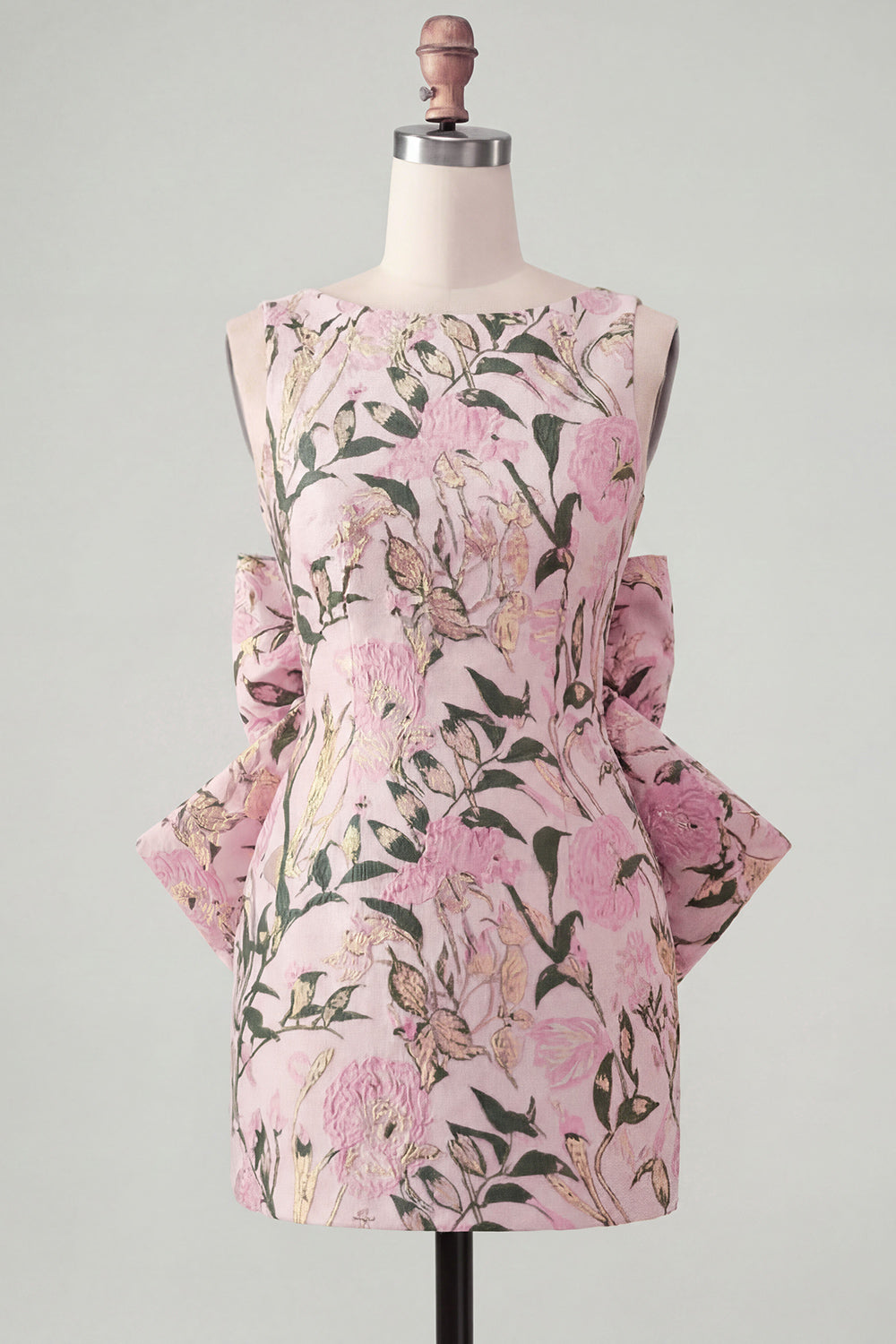 Pink Green Jacquard Bodycon Bateau Neck Floral Homecoming Dress with Large Bow