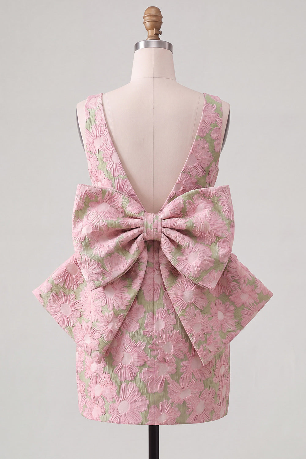 Pink Green Jacquard Bodycon Bateau Neck Floral Homecoming Dress with Large Bow