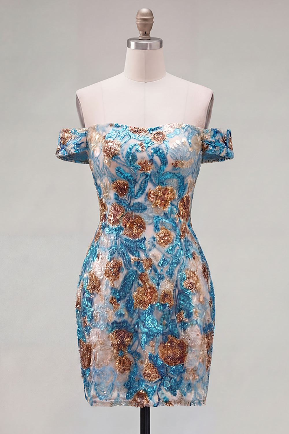 Sparkly Blue Flower Off the Shoulder Bodycon Sequins Short Homecoming Dress