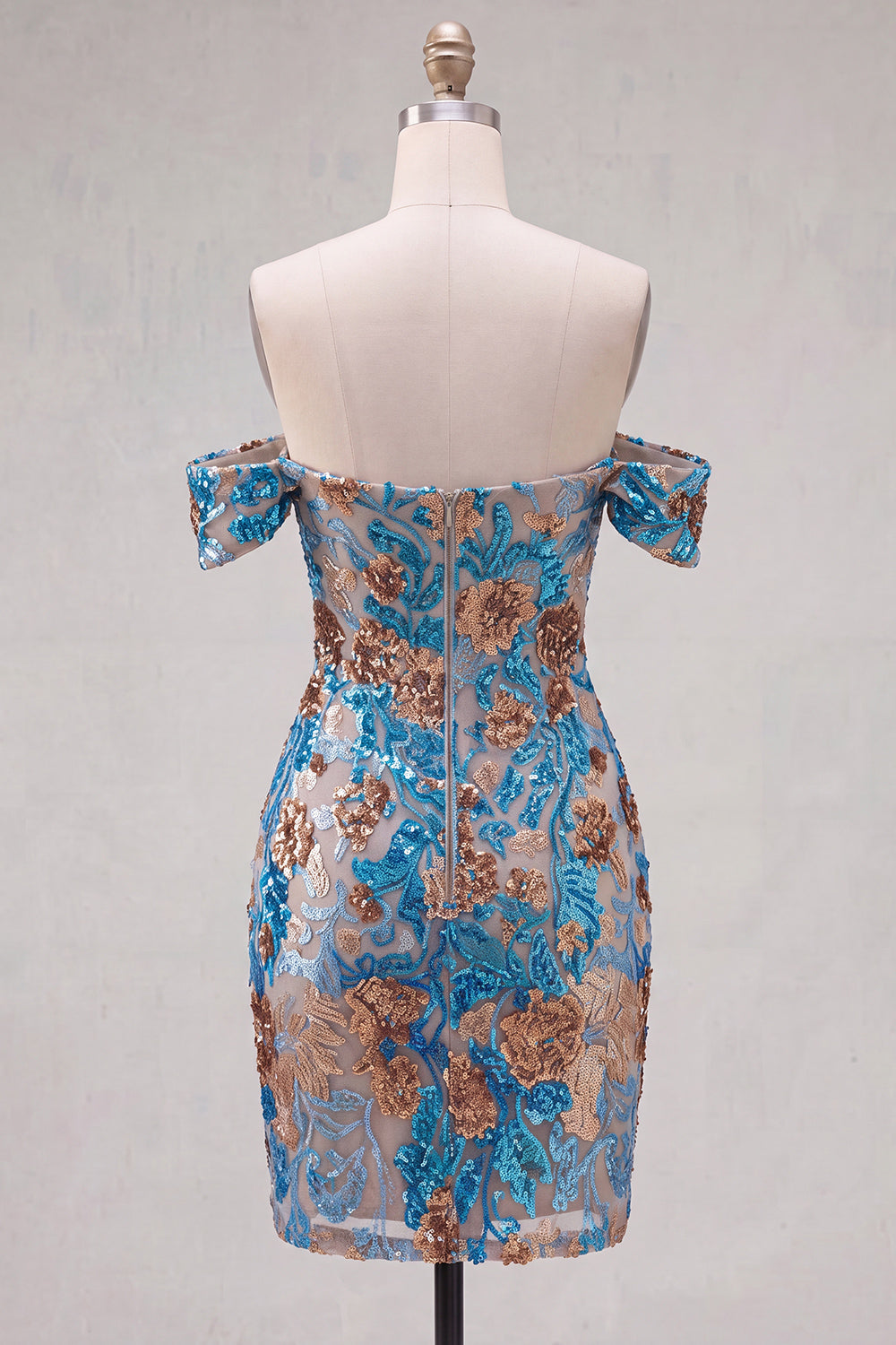Sparkly Blue Flower Off the Shoulder Bodycon Sequins Short Homecoming Dress