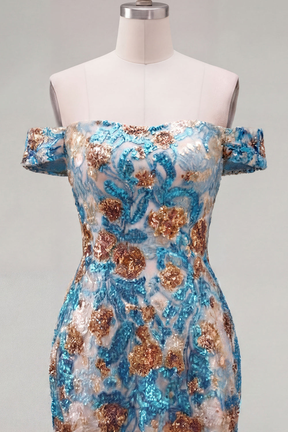 Sparkly Blue Flower Off the Shoulder Bodycon Sequins Short Homecoming Dress