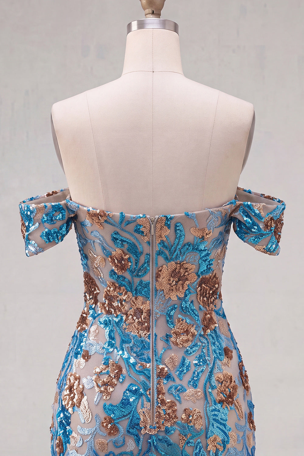 Sparkly Blue Flower Off the Shoulder Bodycon Sequins Short Homecoming Dress