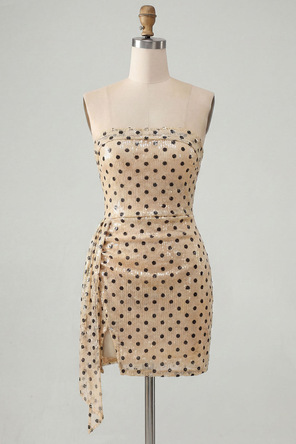 Strapless Champagne Black Dot Bodycon Sequins Short Homecoming Dress with Sash