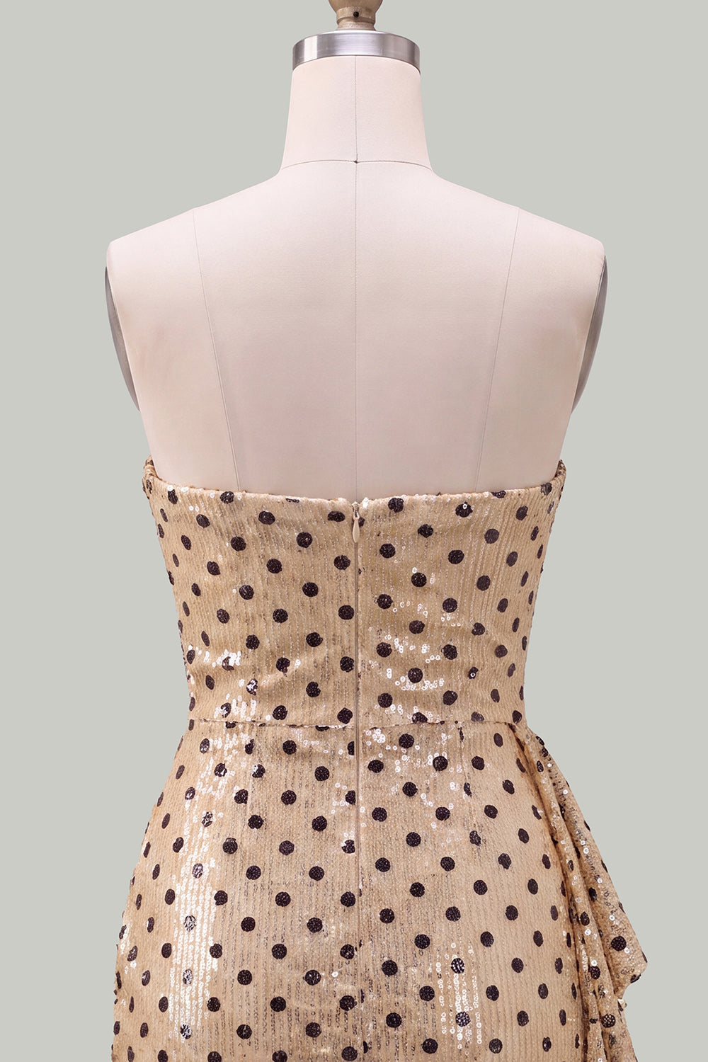 Strapless Champagne Black Dot Bodycon Sequins Short Homecoming Dress with Sash