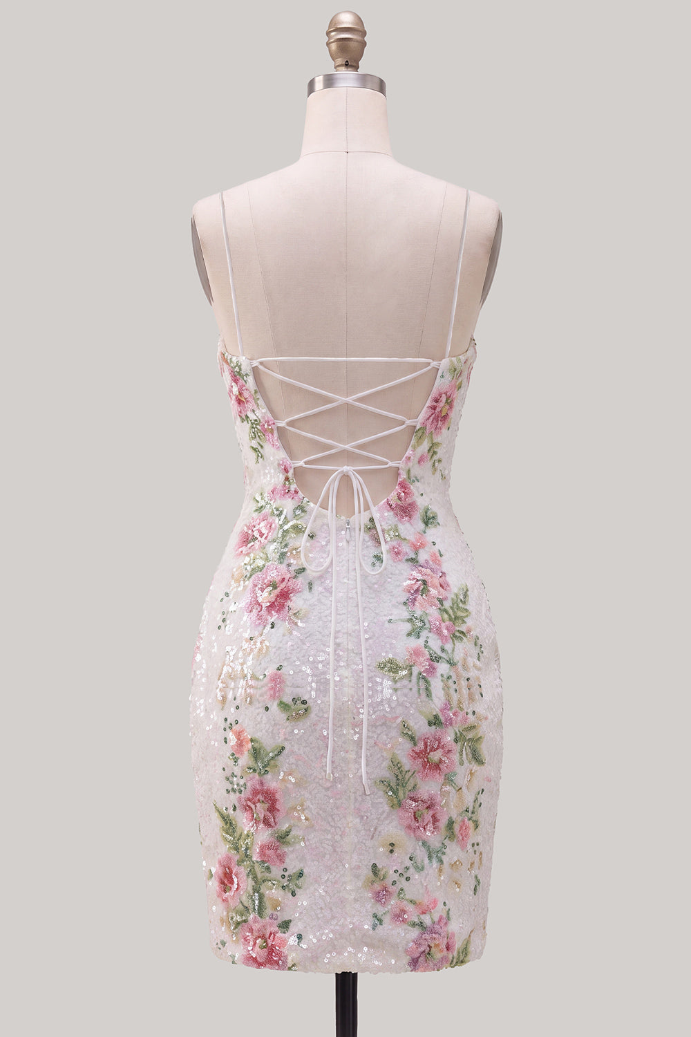 Sparkly White Floral Sequins Lace Up Back Short Homecoming Dress with Slit