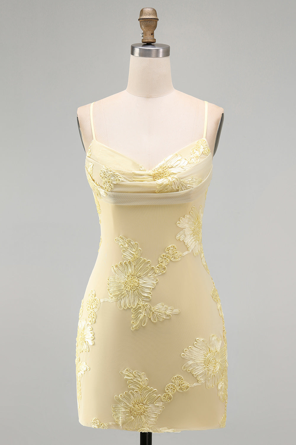 Yellow Bodycon Ruched Spaghetti Straps Floral Embroidery Homecoming Dress
