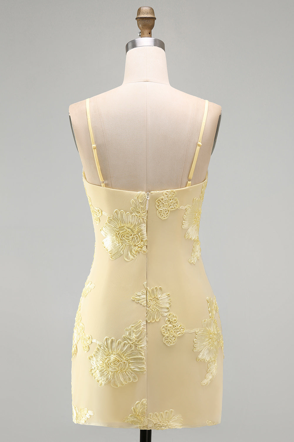 Yellow Bodycon Ruched Spaghetti Straps Floral Embroidery Homecoming Dress