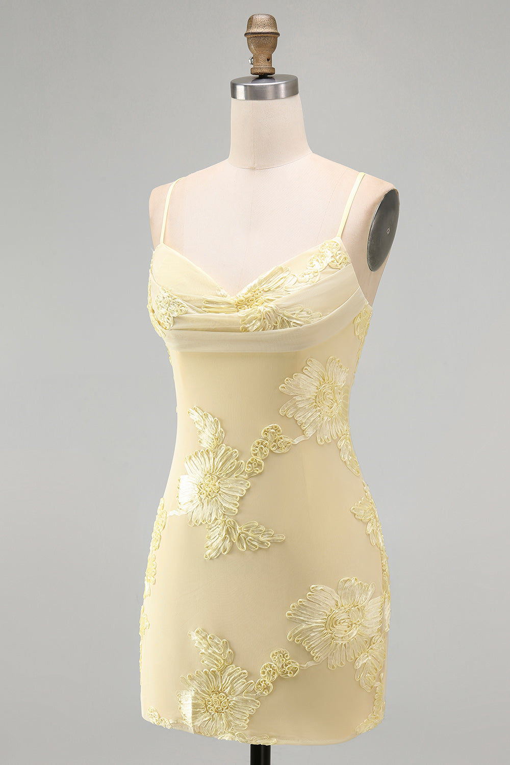 Yellow Bodycon Ruched Spaghetti Straps Floral Embroidery Homecoming Dress