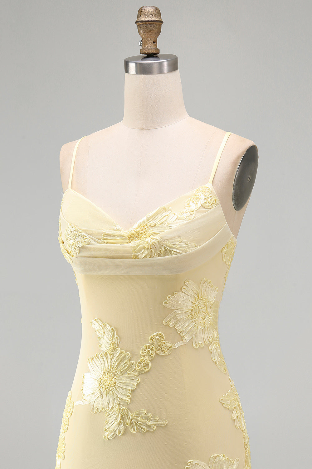 Yellow Bodycon Ruched Spaghetti Straps Floral Embroidery Homecoming Dress