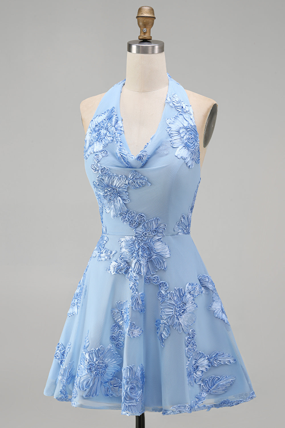 A-Line Yellow Halter Backless Short Cocktail Dress with Floral Embroidery