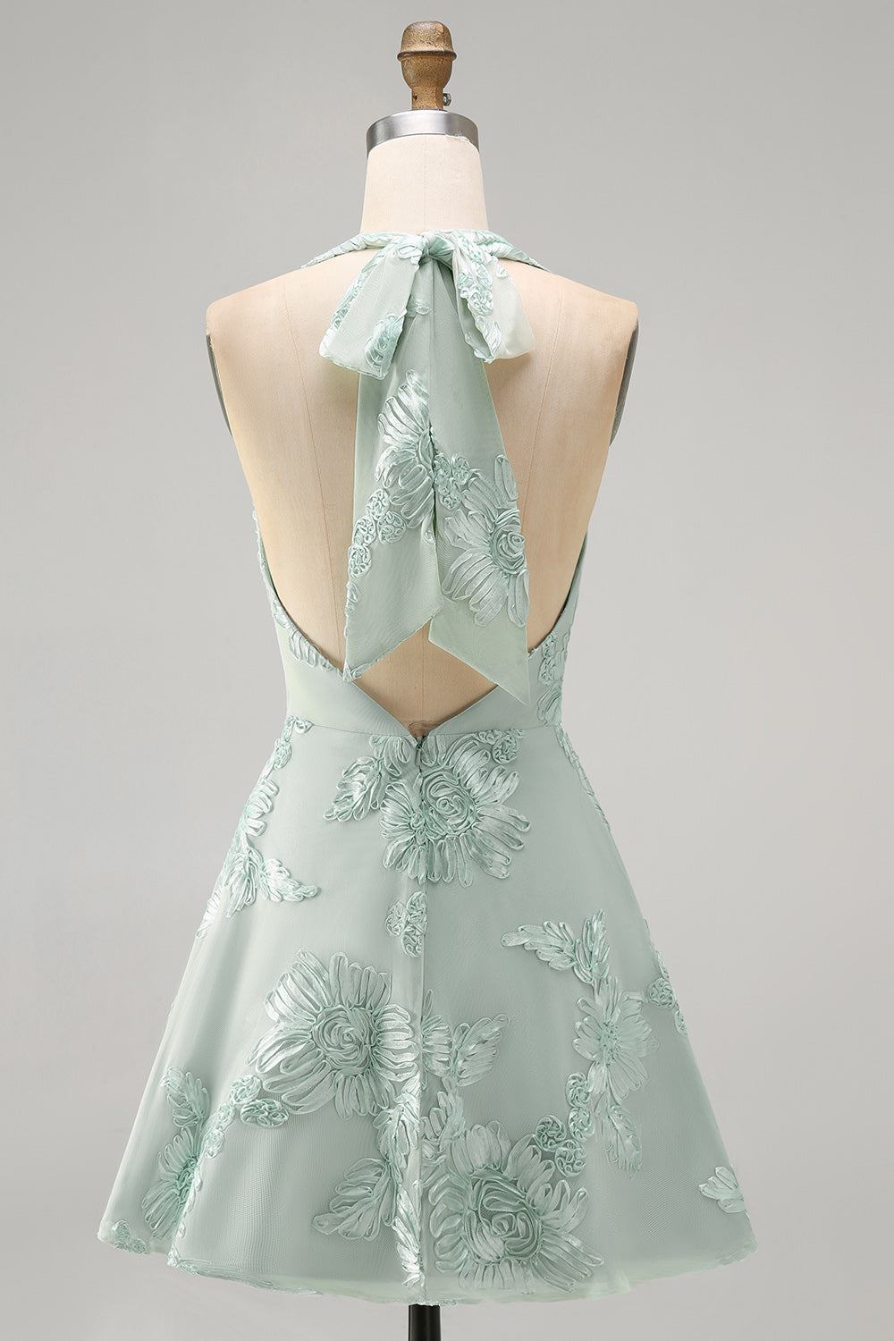 A-Line Yellow Halter Backless Short Cocktail Dress with Floral Embroidery